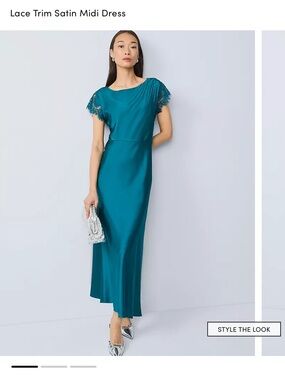 Ann Taylor Teal Lace-Trim Satin Midi Dress